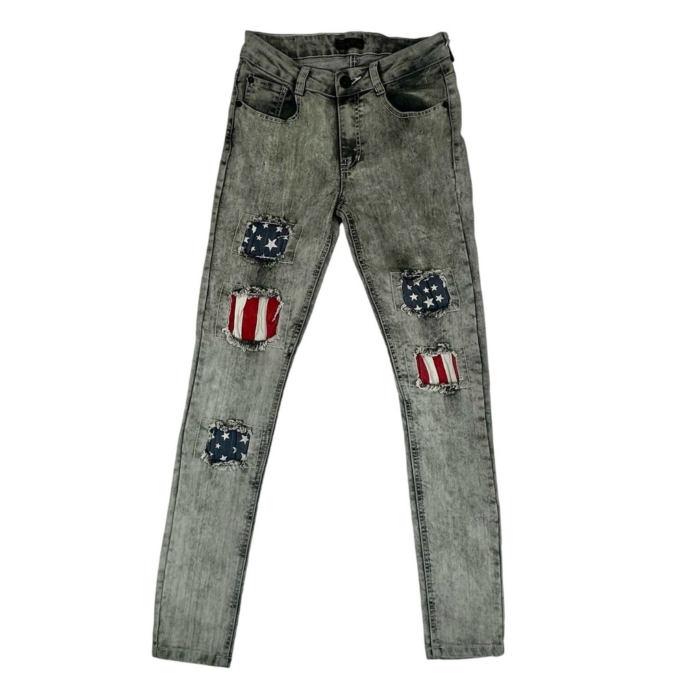 This Is Mine‎ Gray Acid Wash American Flag Distressed Skinny Jeans Juniors 9
